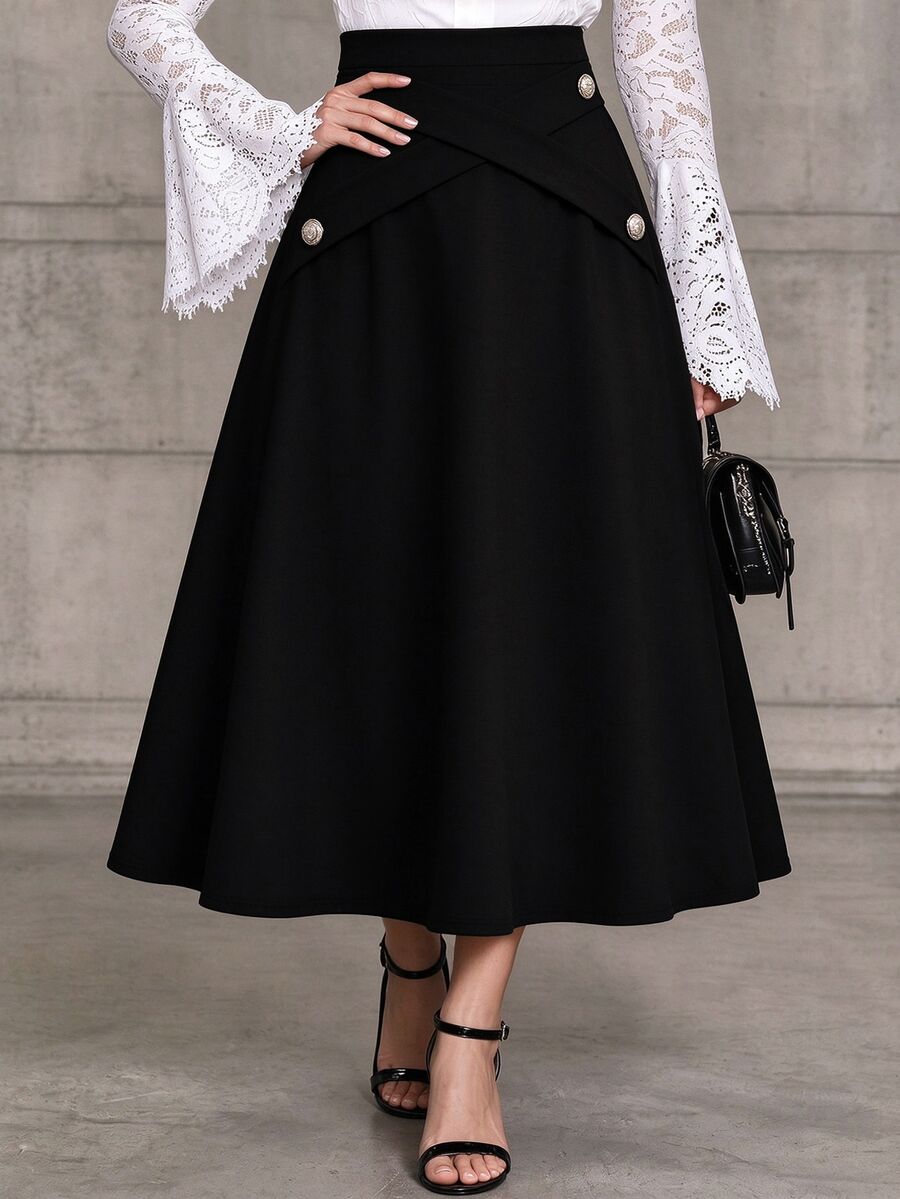 Velvienne Versatile Metal Buckle Decor Plus Size Women's Elegant Skirt - Black - View 1