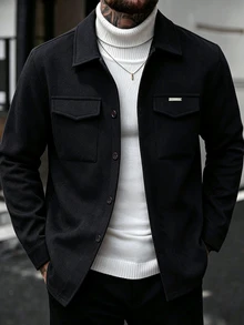 Manfinity CasualCool Men's Black Lapel Casual Long Sleeve Loose Overcoat - Black - View 1