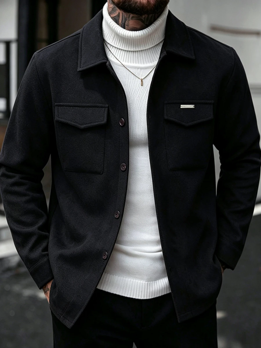 Manfinity CasualCool Men's Black Lapel Casual Long Sleeve Loose Overcoat - Black - View 1