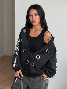 Coolane 女款秋冬街頭風性感Y2K時尚龐克演唱會派對穿搭圖案保暖銀色金屬孔眼拉鍊寬鬆連帽衛衣 - 黑色 - 查看 5