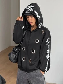 Coolane 女款秋冬街頭風性感Y2K時尚龐克演唱會派對穿搭圖案保暖銀色金屬孔眼拉鍊寬鬆連帽衛衣 - 黑色 - 查看 7