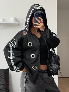 Coolane 女款秋冬街頭風性感Y2K時尚龐克演唱會派對穿搭圖案保暖銀色金屬孔眼拉鍊寬鬆連帽衛衣 - 黑色 - 查看 2