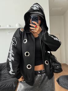 Coolane 女款秋冬街頭風性感Y2K時尚龐克演唱會派對穿搭圖案保暖銀色金屬孔眼拉鍊寬鬆連帽衛衣 - 黑色 - 查看 6