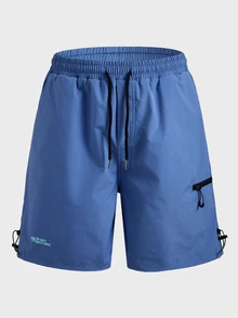 Coreblaze Celana Pendek Pria Longgar untuk Aktivitas Luar Ruangan dengan Motif Huruf dan Tali Serut di Pinggang - Biru - View 5