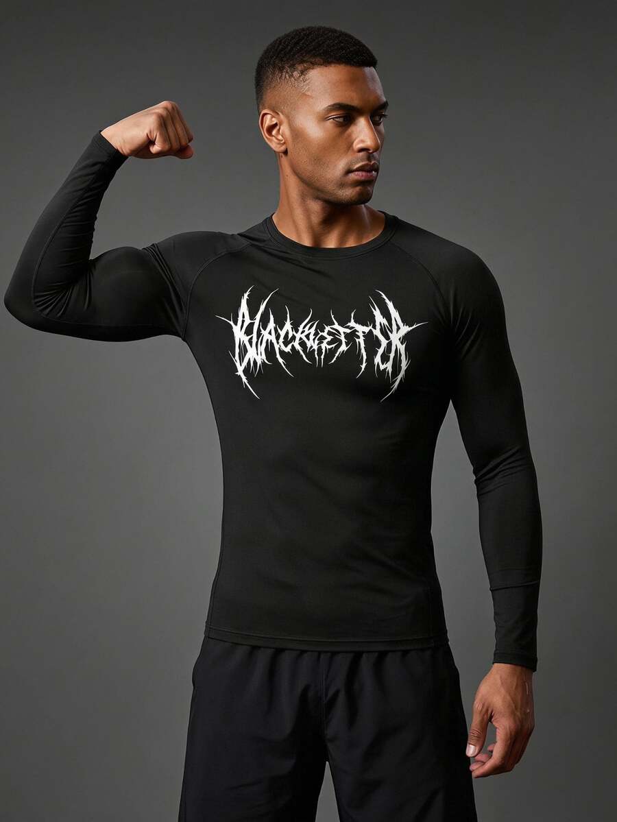 Coreblaze Men's Slim Fit Skeleton Print Long Sleeve Athletic T-Shirt - Black - View 1
