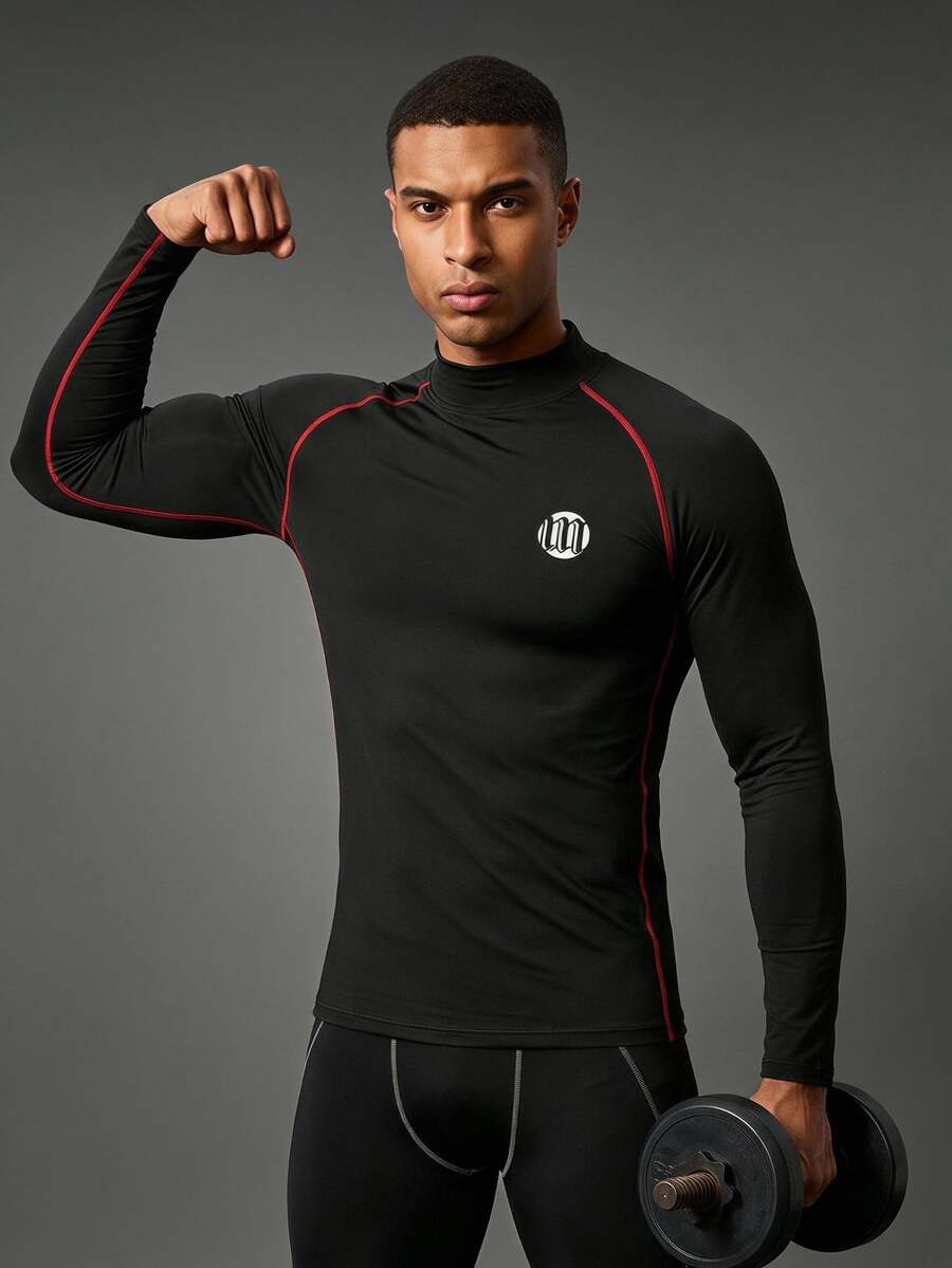 Coreblaze 2PCS 2025 Men's Compression Long Sleeve Shirt Red And Black,Winter,Athleisure,Gym Stand Collar Raglan Letter Print Muscle Support Athletic T-Shirt Set - Black - View 1