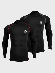 Coreblaze 2PCS 2025 Men's Compression Long Sleeve Shirt Red And Black,Winter,Athleisure,Gym Stand Collar Raglan Letter Print Muscle Support Athletic T-Shirt Set - Black - View 11