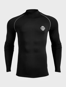 Coreblaze 2PCS 2025 Men's Compression Long Sleeve Shirt Red And Black,Winter,Athleisure,Gym Stand Collar Raglan Letter Print Muscle Support Athletic T-Shirt Set - Black - View 3