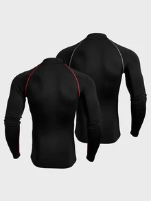 Coreblaze 2PCS 2025 Men's Compression Long Sleeve Shirt Red And Black,Winter,Athleisure,Gym Stand Collar Raglan Letter Print Muscle Support Athletic T-Shirt Set - Black - View 2