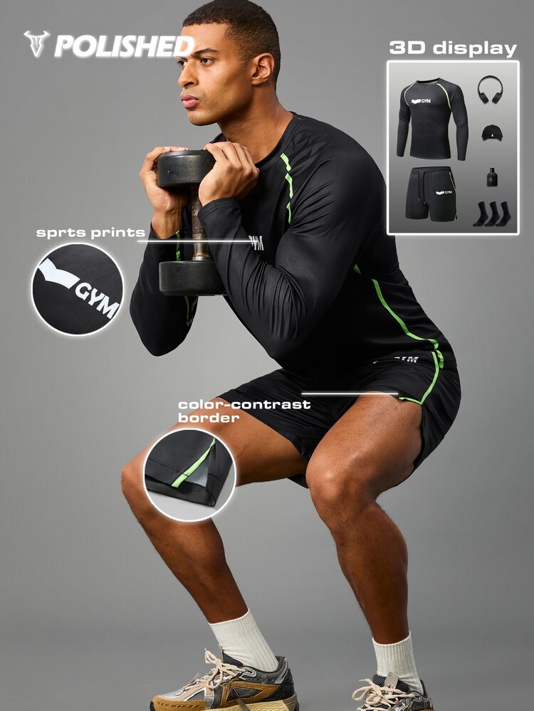 Coreblaze Men's Letter Print Long Sleeve Top And Shorts Set Compression Underwear Men Activewear Set Gym Set Workout Set - Black - View 3