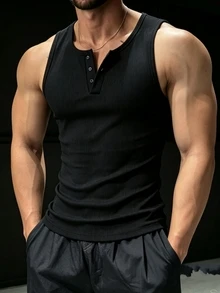 Coreblaze Men's Solid Color Casual Versatile Daily Travel Sports Tank Top, Gym - Black - View 4