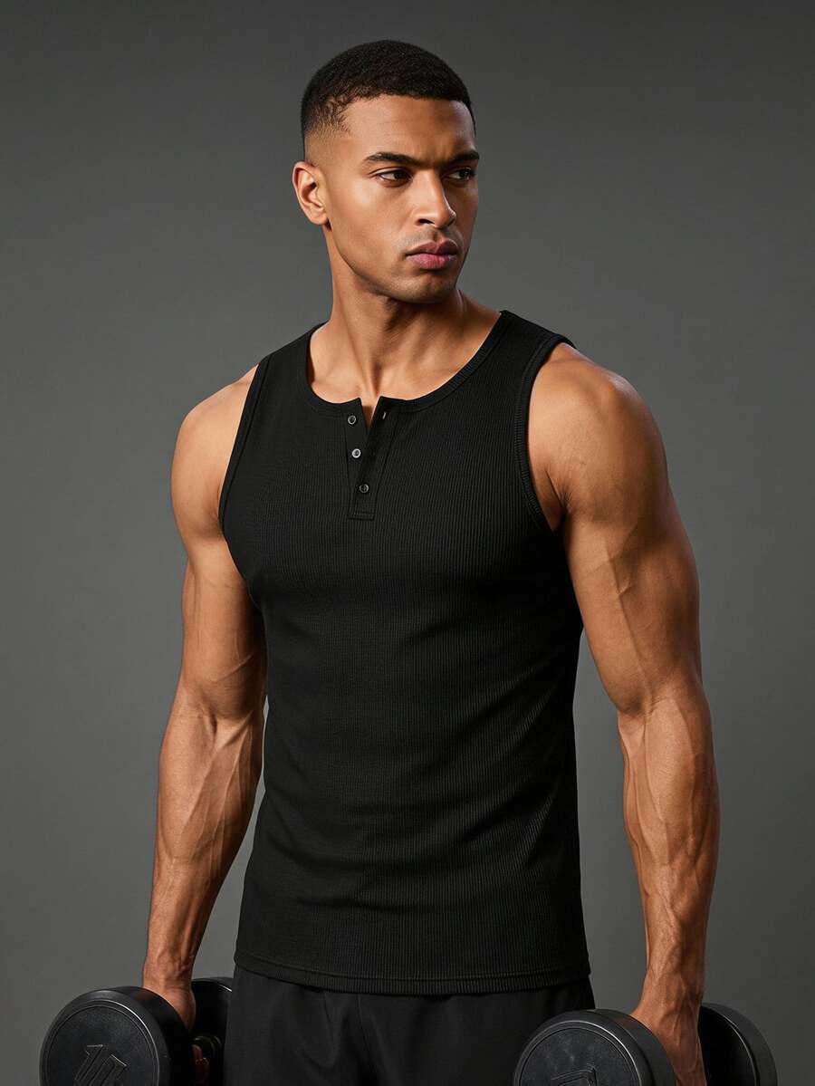 Coreblaze Men's Solid Color Casual Versatile Daily Travel Sports Tank Top, Gym - Black - View 1