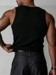 Coreblaze Men's Solid Color Casual Versatile Daily Travel Sports Tank Top, Gym - Black - View 2