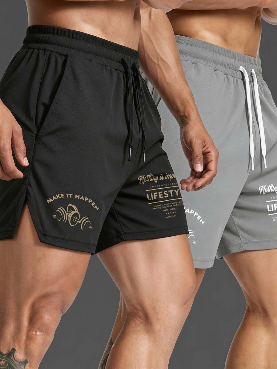 Coreblaze Men's Slogan Print Drawstring Waist Pocket Sports Shorts, Gym - Black - View 1