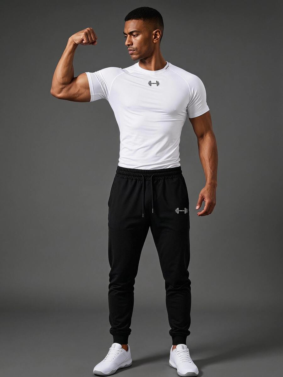 Coreblaze Conjunto deportivo de manga corta y pantalones largos de corte slim para hombre, para el gimnasio - Blanco - Ver 1