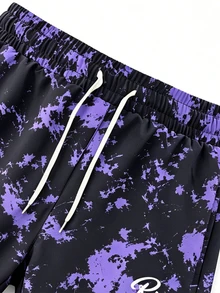 Coreblaze Men's Colorblock Splatter Print Drawstring Waist Casual Sports Shorts, Gym - Black - View 6