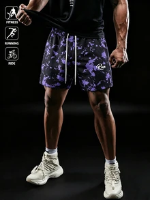 Coreblaze Men's Colorblock Splatter Print Drawstring Waist Casual Sports Shorts, Gym - Black - View 3