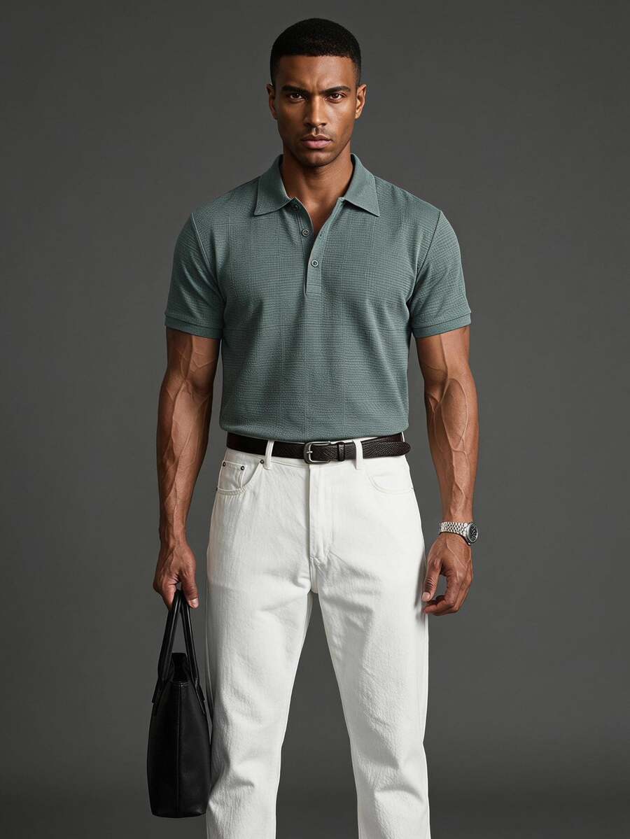 Coreblaze Men's Solid Color Minimalist Daily Wear Short Sleeve Sports Polo T-Shirt - Green - View 1