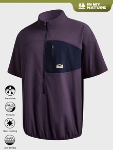 Coreblaze Men's Solid Color Patchwork Front Zipper Casual Outdoor Short Sleeve T-Shirt - Purple - View 2