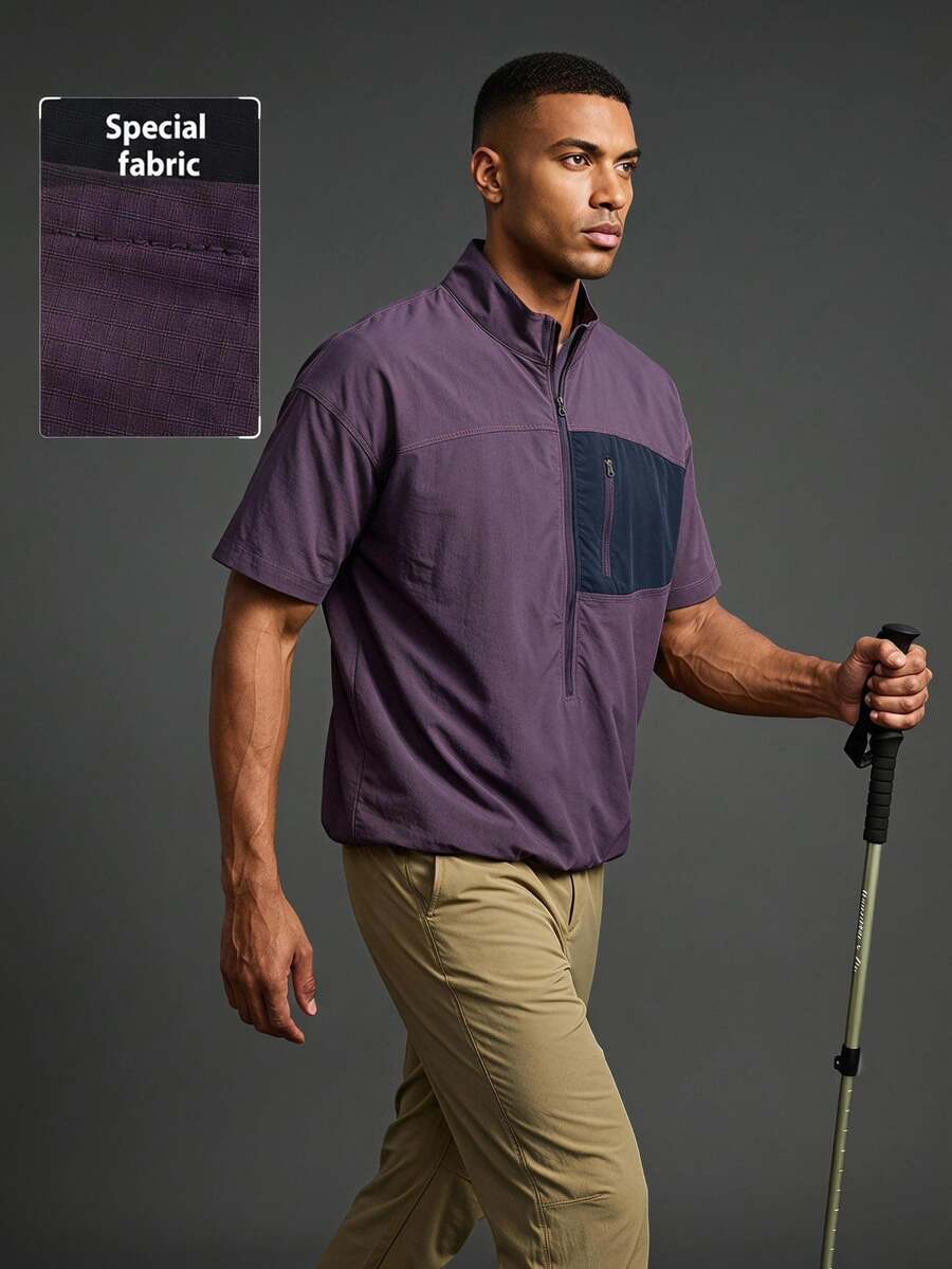 Coreblaze Men's Solid Color Patchwork Front Zipper Casual Outdoor Short Sleeve T-Shirt - Purple - View 1