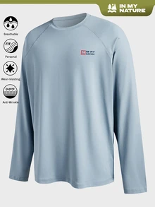 Coreblaze Camiseta de manga raglán de cuello redondo con estampado de letras para hombre para actividades al aire libre, Camiseta gráfica de manga larga - Azul - Ver 7