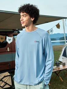 Coreblaze Camiseta de manga raglán de cuello redondo con estampado de letras para hombre para actividades al aire libre, Camiseta gráfica de manga larga - Azul - Ver 2