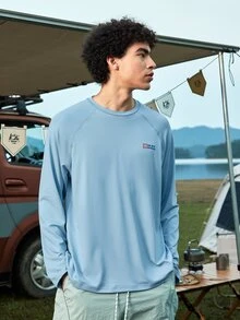 Coreblaze Camiseta de manga raglán de cuello redondo con estampado de letras para hombre para actividades al aire libre, Camiseta gráfica de manga larga - Azul - Ver 6