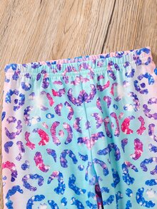 SHEIN 女童亮彩虹豹紋休閒簡約短袖上衣與短褲兩件套 - 彩色 - 查看 8