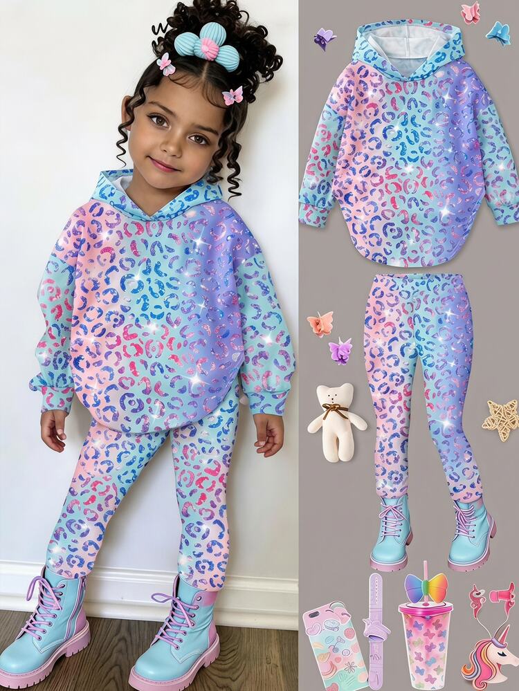 SHEIN Young Girl Shiny Rainbow Leopard Print Young Girl Casual Minimalist Short Sleeve & Shorts 2-Piece Set - Multicolor - View 6