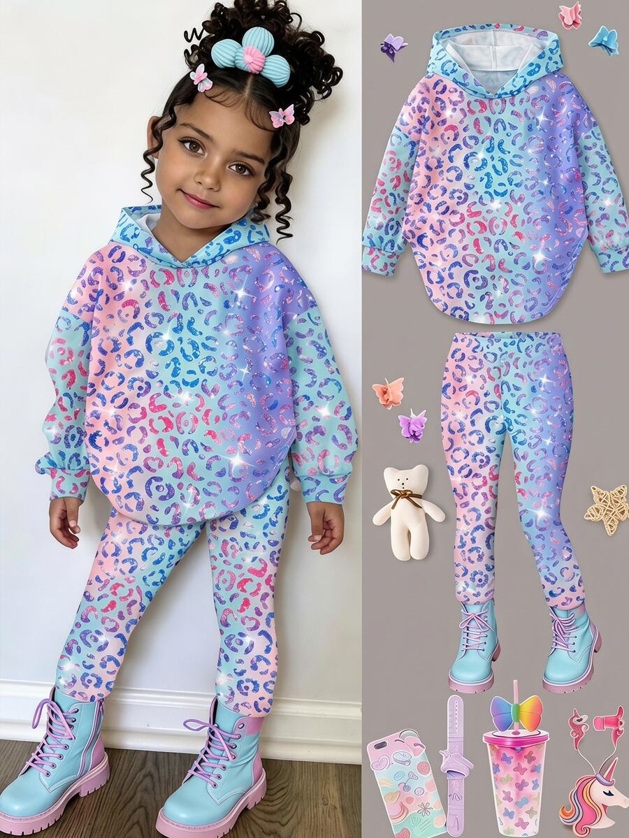SHEIN Young Girl Shiny Rainbow Leopard Print Young Girl Casual Minimalist Short Sleeve & Shorts 2-Piece Set - Multicolor - View 1