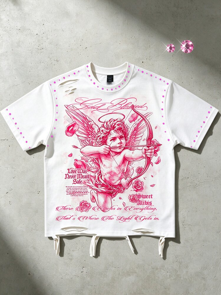 ROMWE MEN 2026 New Spring/Summer College Cute Unisex Plus Size Men's T-Shirt - White - View 1