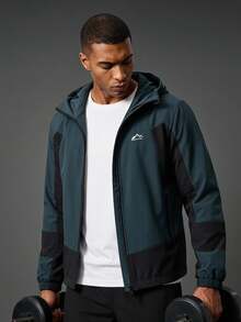 Coreblaze Men's Slogan Printed Color Blocking Zip Front Hooded Long Sleeve Lightweight Jacket - Navy Blue - View 1