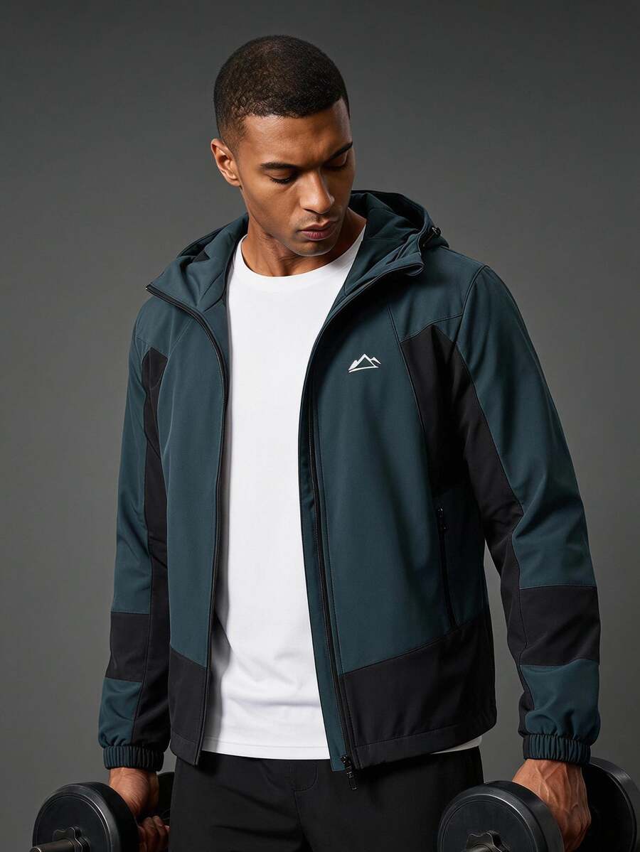 Coreblaze Men's Slogan Printed Color Blocking Zip Front Hooded Long Sleeve Lightweight Jacket - Navy Blue - View 1