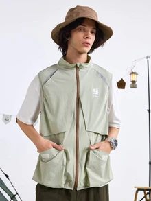 Coreblaze Men Letter Printed Zip Front Stand Collar Casual Outdoor Vest Jacket - Green - View 2