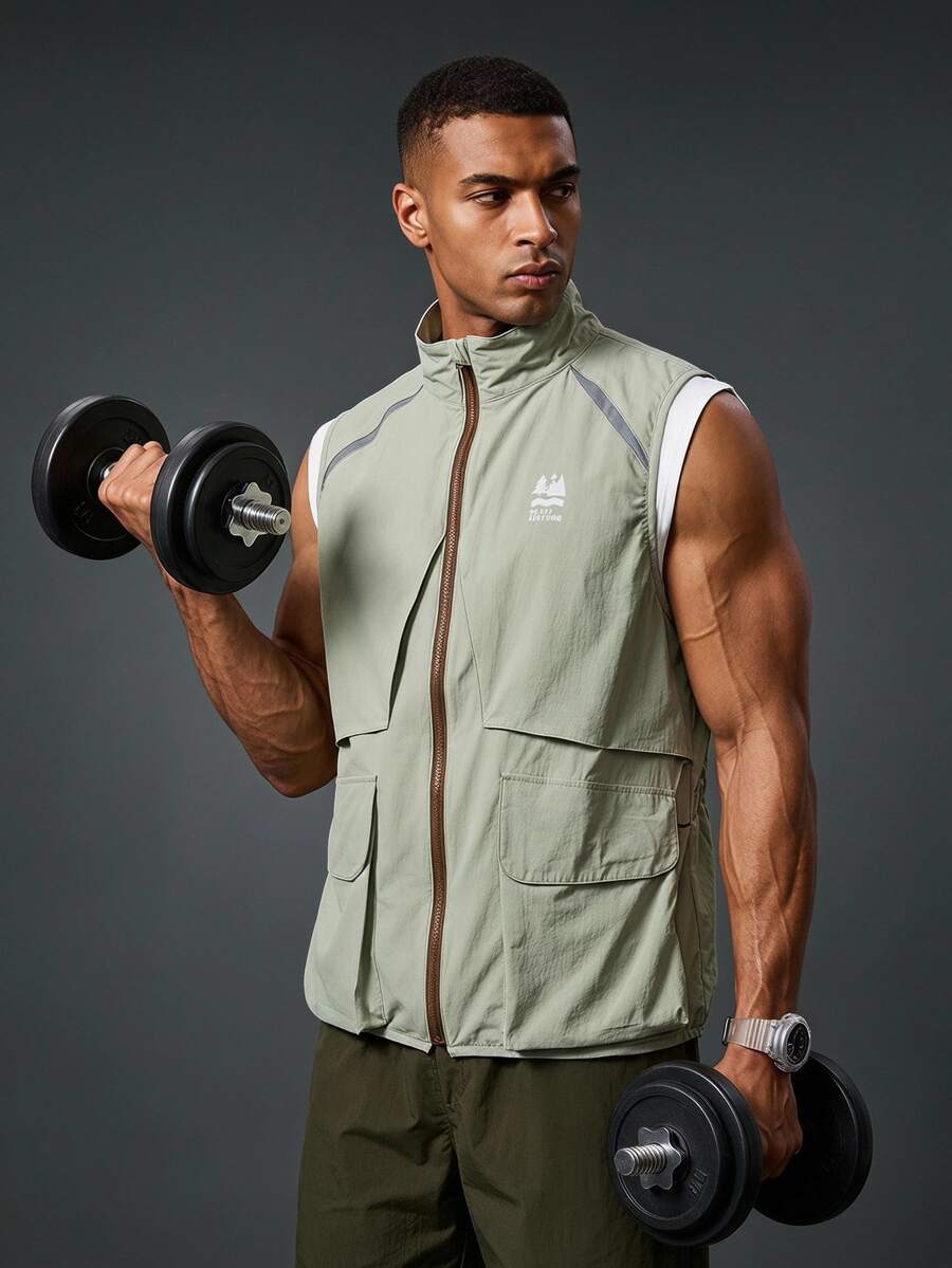 Coreblaze Men Letter Printed Zip Front Stand Collar Casual Outdoor Vest Jacket - Green - View 1