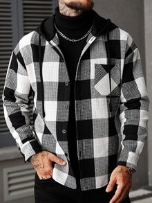 Manfinity CasualCool Men's Casual Collegiate Style Floral Print Patchwork Drawstring Hooded Shirt Jacket, Spring/Autumn, Men Plaid Black And White Checkered Winter - Multicolor - View 6
