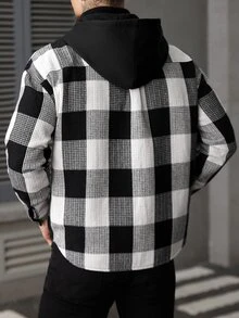Manfinity CasualCool Men's Casual Collegiate Style Floral Print Patchwork Drawstring Hooded Shirt Jacket, Spring/Autumn, Men Plaid Black And White Checkered Winter - Multicolor - View 2