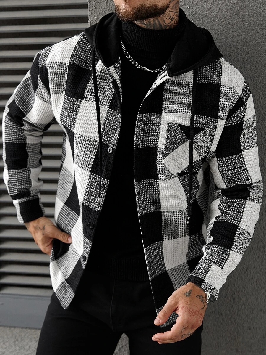 Manfinity CasualCool Men's Casual Collegiate Style Floral Print Patchwork Drawstring Hooded Shirt Jacket, Spring/Autumn, Men Plaid Black And White Checkered Winter - Multicolor - View 1