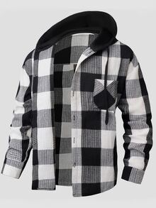 Manfinity CasualCool Men's Casual Collegiate Style Floral Print Patchwork Drawstring Hooded Shirt Jacket, Spring/Autumn, Men Plaid Black And White Checkered Winter - Multicolor - View 7
