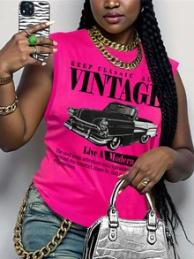 Maweii Plus Size Summer Casual Car Slogan Print Tank Top - Hot Pink - View 3