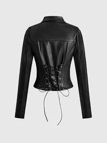 ACID BLVD Women's Autumn Fashion Criss-Cross Straps Slim Fit Regular Jacket - Black - View 7