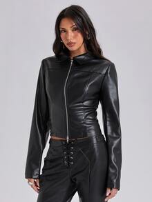 ACID BLVD Women's Autumn Fashion Criss-Cross Straps Slim Fit Regular Jacket - Black - View 3