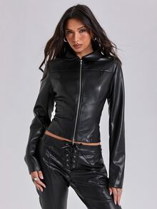 ACID BLVD Women's Autumn Fashion Criss-Cross Straps Slim Fit Regular Jacket - Black - View 4