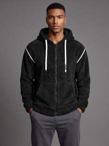 Coreblaze Black And White Men's Winter Zip-Up Hooded Jacket, Baggy Fleece Warm Padded Coat With Drawstring, Biking Outdoor Fashion, Suitable For Daily Work Travel - Dark Grey - View 1