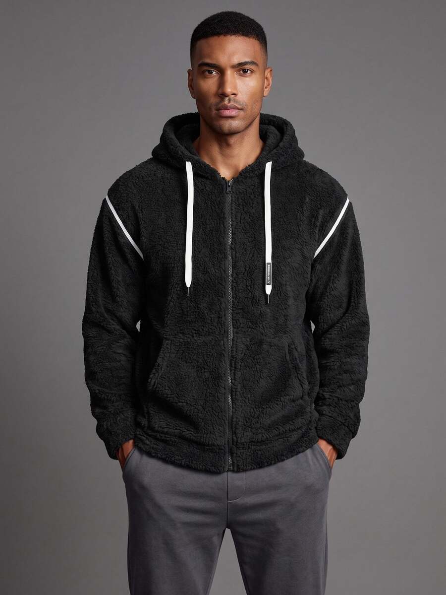 Coreblaze Black And White Men's Winter Zip-Up Hooded Jacket, Baggy Fleece Warm Padded Coat With Drawstring, Biking Outdoor Fashion, Suitable For Daily Work Travel - Dark Grey - View 1