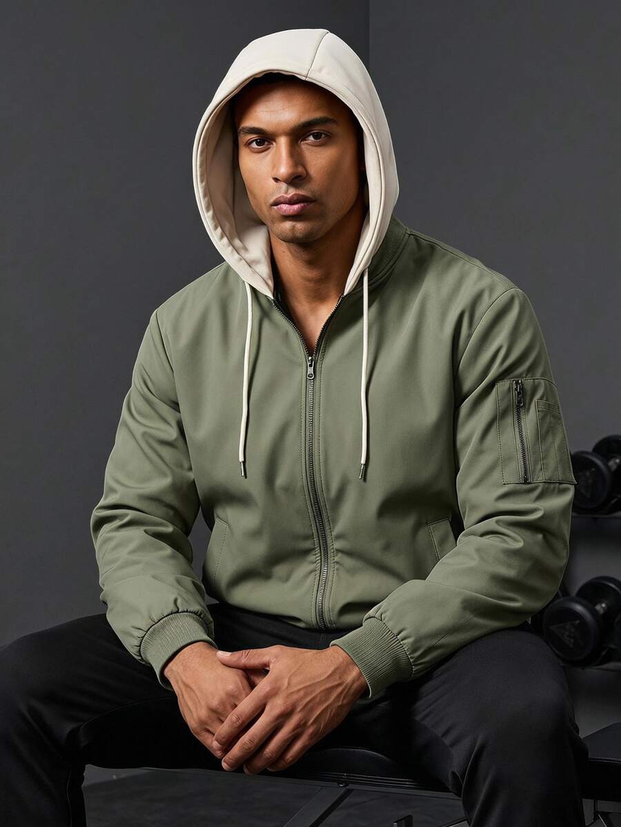 Coreblaze Boyfriend Style Men's Casual Contrast Color Block Hooded Padded Sport Jacket - Green - View 1