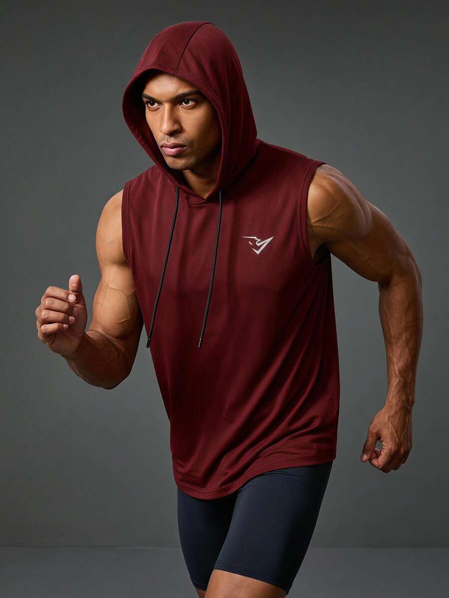 Coreblaze Men's Drawstring Hooded Sports Tank Top, Gym - Burgundy - View 1