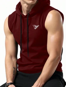 Coreblaze Men's Drawstring Hooded Sports Tank Top, Gym - Burgundy - View 3