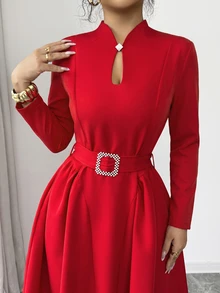 Elenzga Keyhole Neckline Belted Dress - Red - View 7