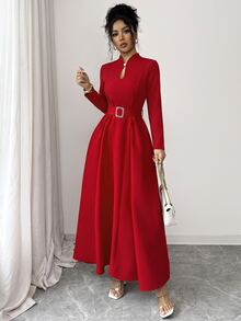 Elenzga Keyhole Neckline Belted Dress - Red - View 4